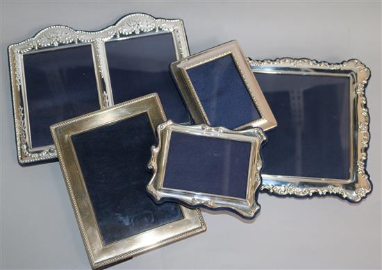 Five assorted modern silver photograph frames, including one double, largest 21.9cm.